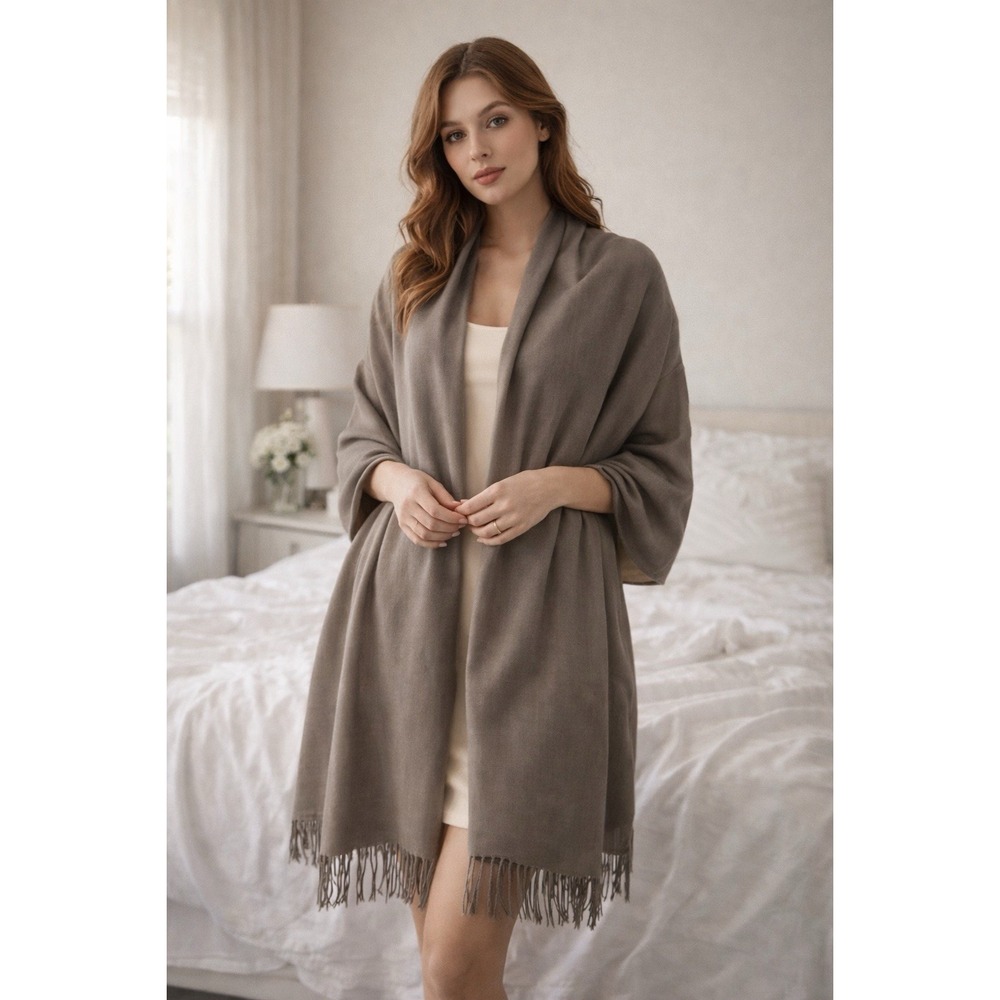 100% Pashmina Taupe Wrap Scarf Oversized Shawl Lightweight Fringe